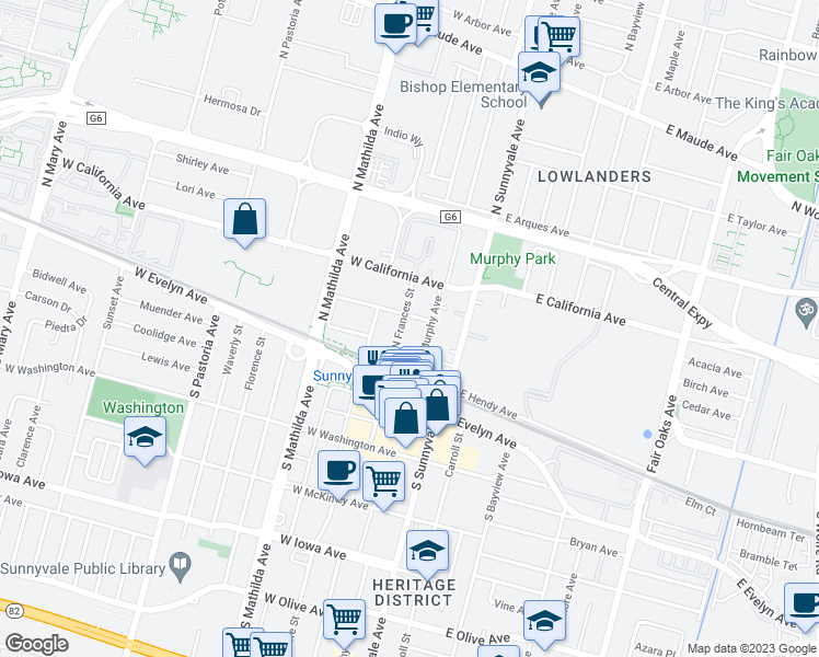 map of restaurants, bars, coffee shops, grocery stores, and more near 153 North Murphy Avenue in Sunnyvale