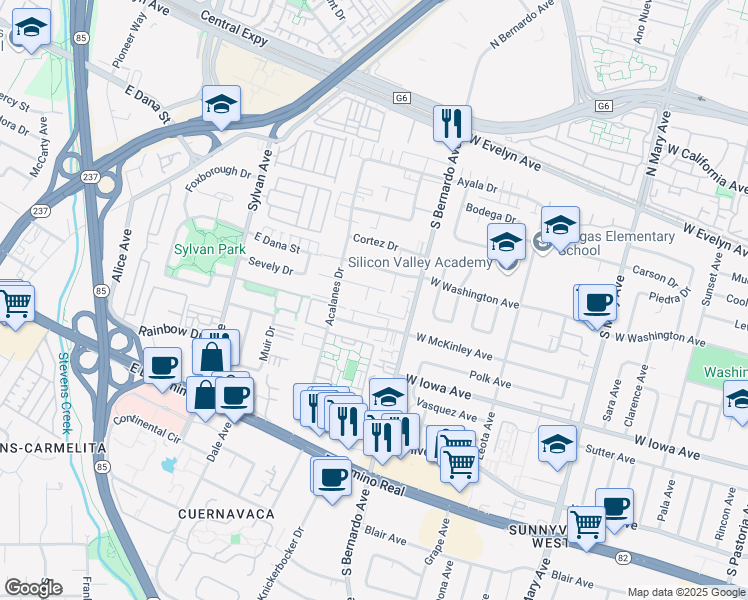 map of restaurants, bars, coffee shops, grocery stores, and more near 247 Arriba Drive in Sunnyvale