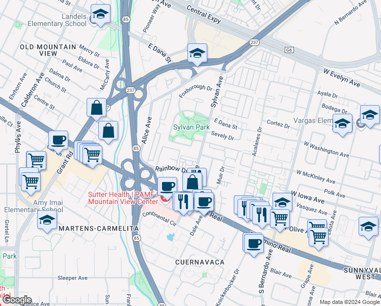 map of restaurants, bars, coffee shops, grocery stores, and more near 632 Sylvan Avenue in Mountain View