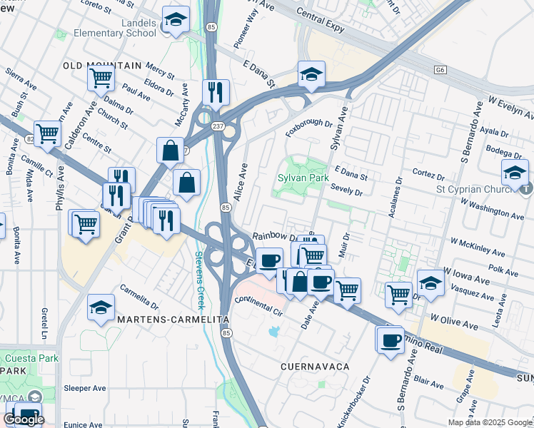 map of restaurants, bars, coffee shops, grocery stores, and more near 600 Rainbow Drive in Mountain View