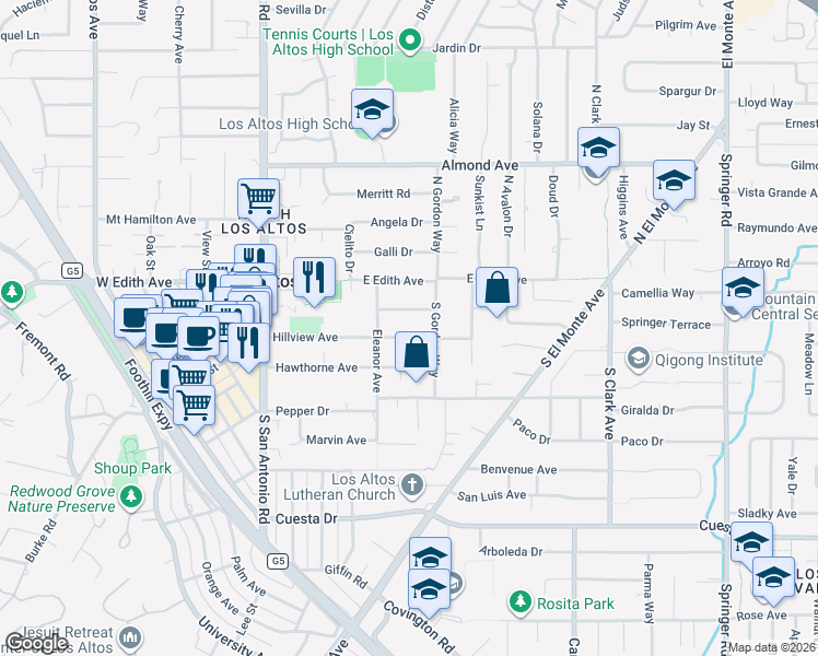 map of restaurants, bars, coffee shops, grocery stores, and more near 225 Hillview Avenue in Los Altos