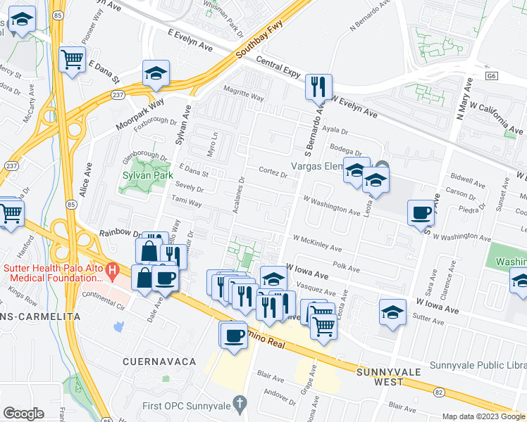 map of restaurants, bars, coffee shops, grocery stores, and more near 247 Arriba Drive in Sunnyvale