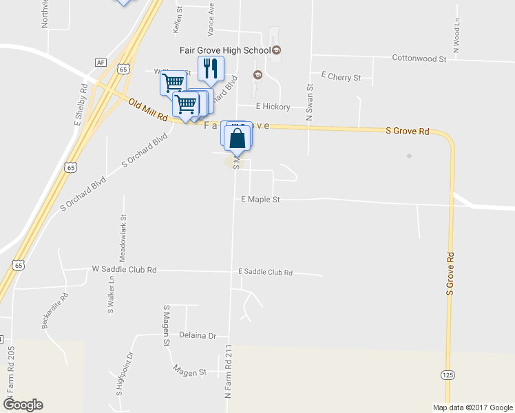 map of restaurants, bars, coffee shops, grocery stores, and more near 64 East Maple Street in Fair Grove