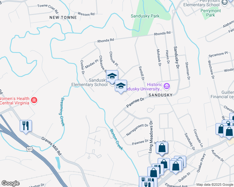 map of restaurants, bars, coffee shops, grocery stores, and more near 5828 Apache Lane in Lynchburg