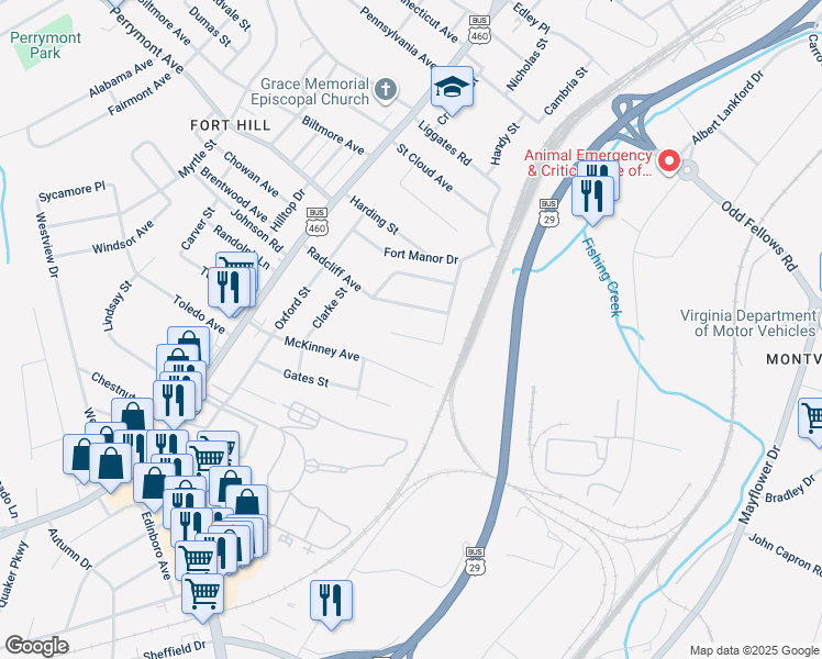map of restaurants, bars, coffee shops, grocery stores, and more near 1540 Knott Street in Lynchburg