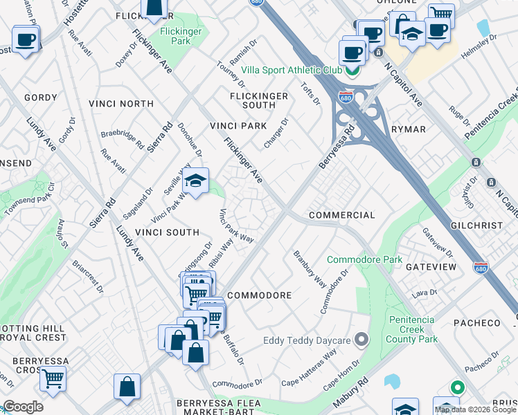 map of restaurants, bars, coffee shops, grocery stores, and more near 1136 Ribisi Circle in San Jose