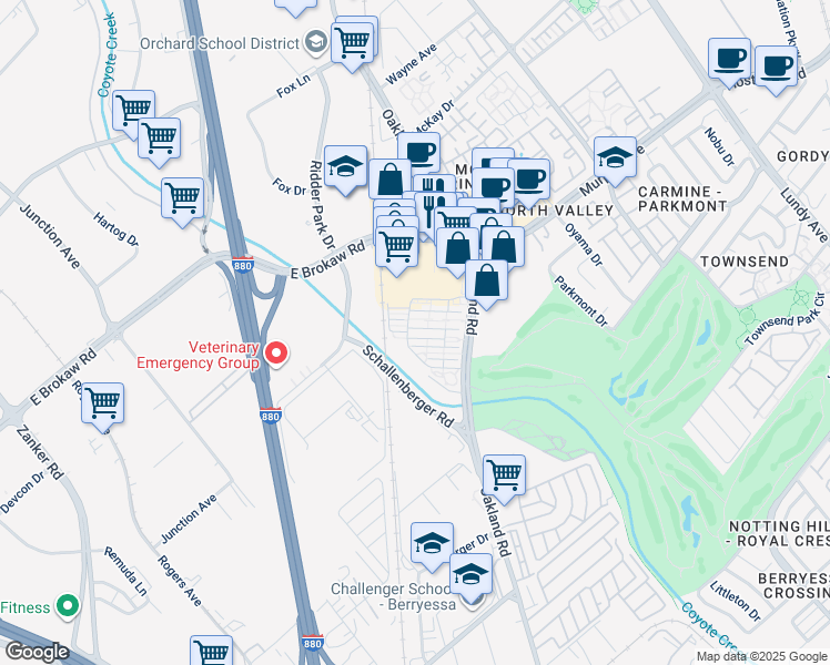 map of restaurants, bars, coffee shops, grocery stores, and more near 1057 Foxglove Place in San Jose