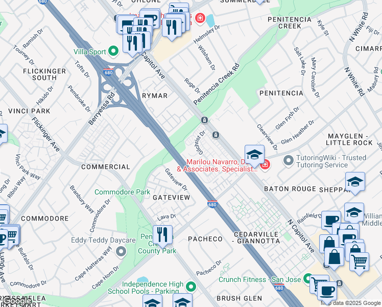 map of restaurants, bars, coffee shops, grocery stores, and more near 2491 Golzio Court in San Jose