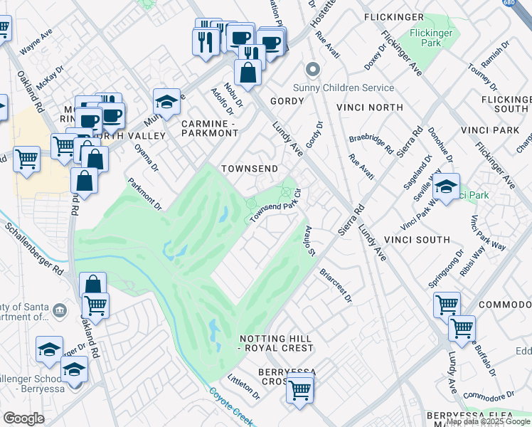 map of restaurants, bars, coffee shops, grocery stores, and more near 1637 Parkview Green Circle in San Jose