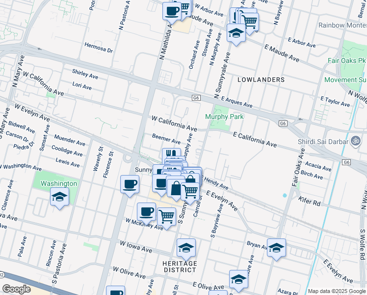 map of restaurants, bars, coffee shops, grocery stores, and more near 153 North Murphy Avenue in Sunnyvale