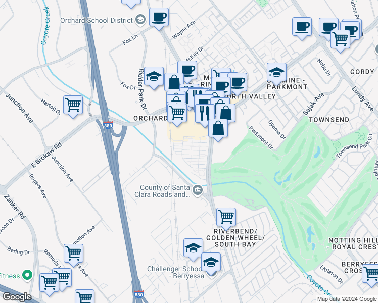 map of restaurants, bars, coffee shops, grocery stores, and more near 1057 Foxglove Place in San Jose