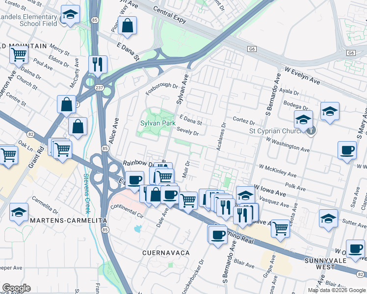 map of restaurants, bars, coffee shops, grocery stores, and more near 621 Charmain Circle in Mountain View