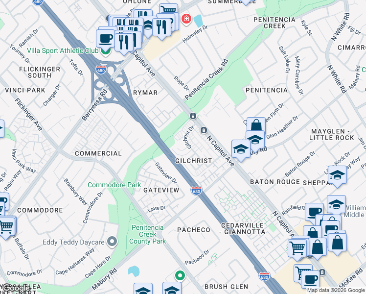 map of restaurants, bars, coffee shops, grocery stores, and more near 2505 Golzio Court in San Jose