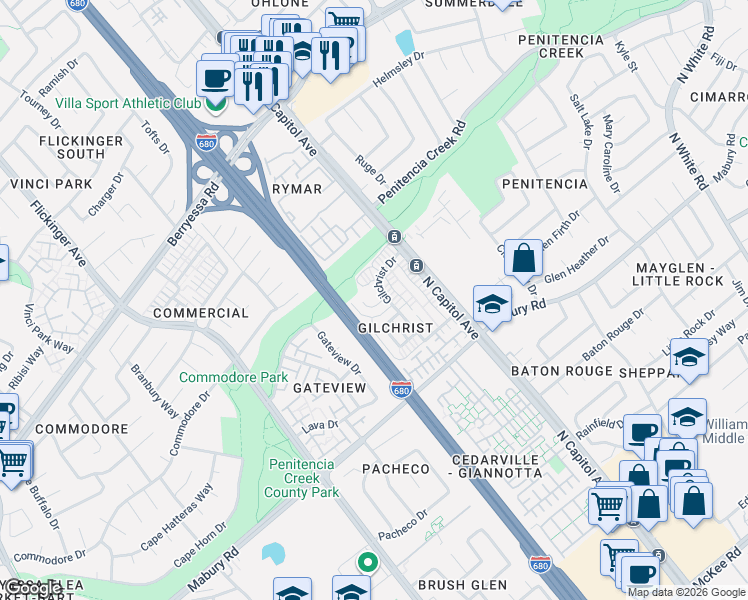 map of restaurants, bars, coffee shops, grocery stores, and more near 2505 Golzio Court in San Jose