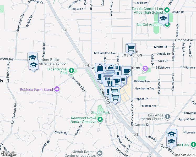 map of restaurants, bars, coffee shops, grocery stores, and more near 114 1st Street in Los Altos