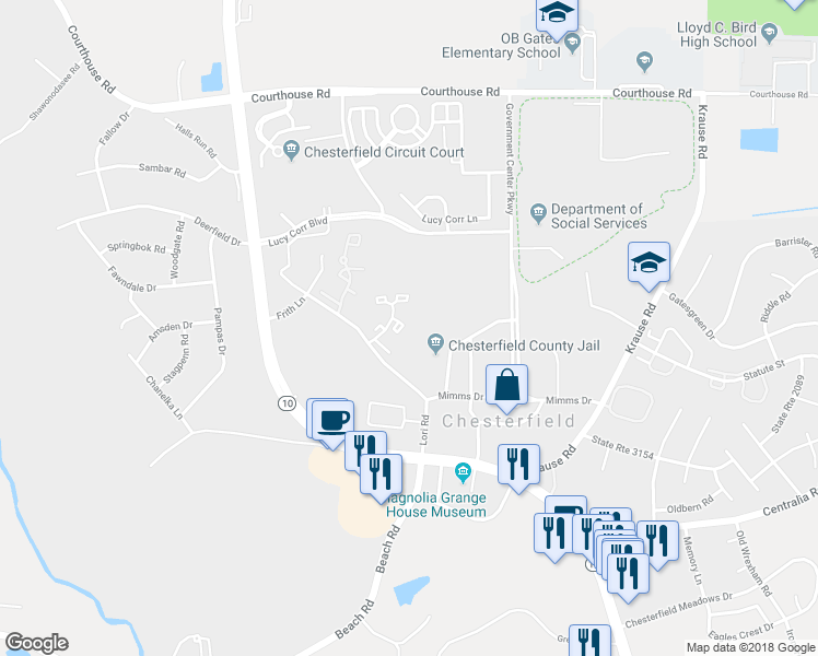 map of restaurants, bars, coffee shops, grocery stores, and more near 9617 Paddock Grove Court in Chesterfield