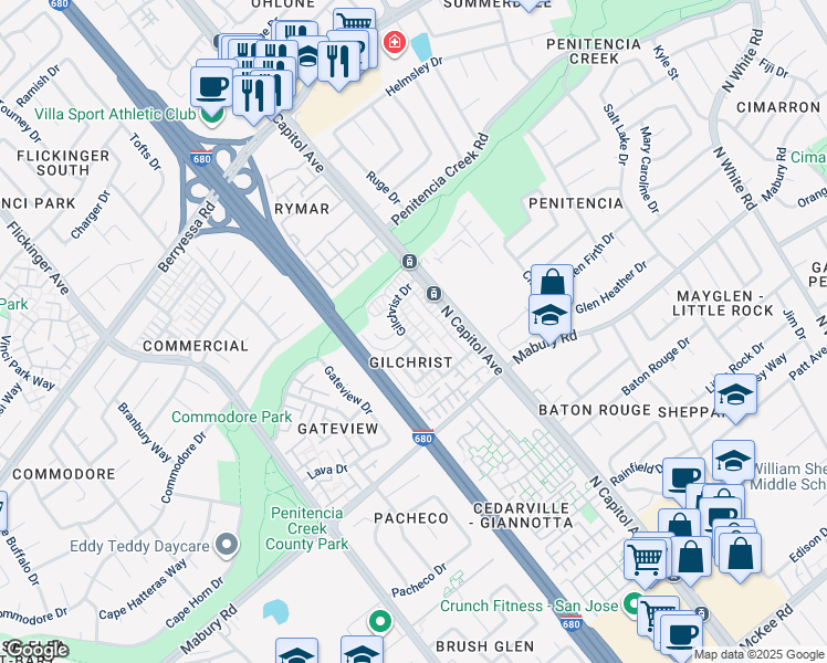 map of restaurants, bars, coffee shops, grocery stores, and more near 886 Gilchrist Drive in San Jose