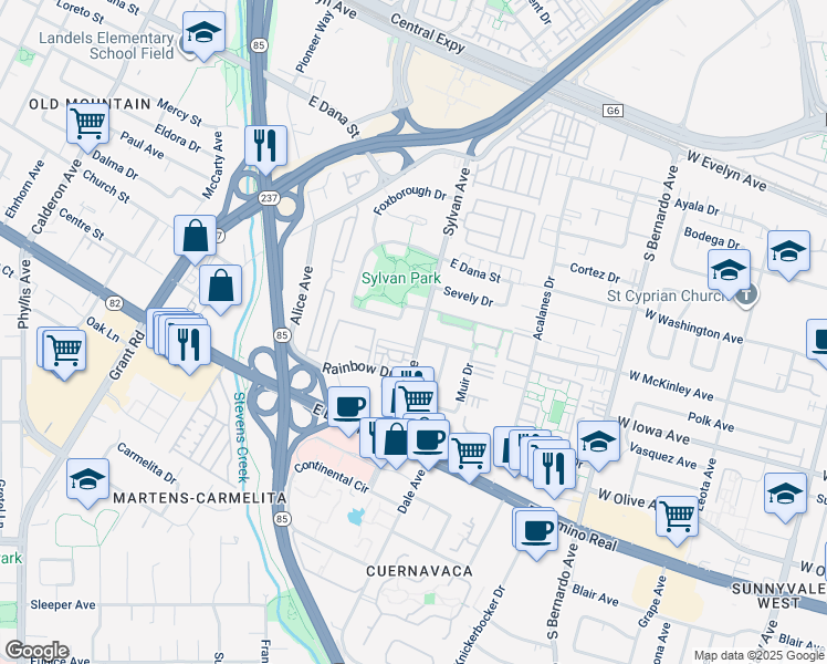 map of restaurants, bars, coffee shops, grocery stores, and more near 632 Sylvan Avenue in Mountain View
