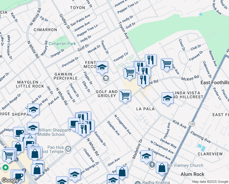 map of restaurants, bars, coffee shops, grocery stores, and more near 382 Gridley Court in San Jose
