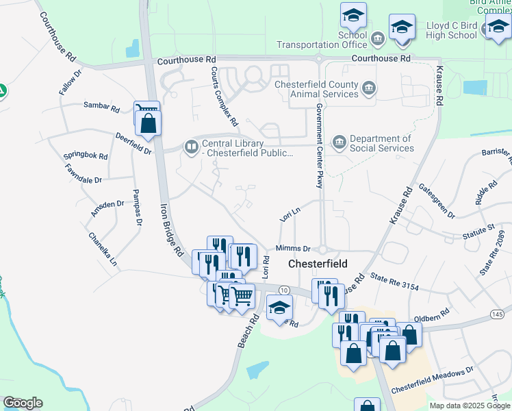 map of restaurants, bars, coffee shops, grocery stores, and more near 9617 Paddock Grove Court in Chesterfield