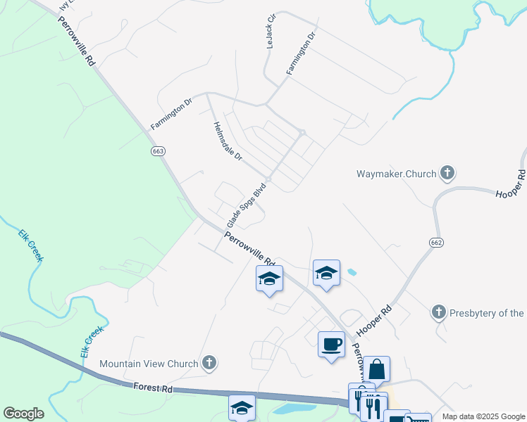 map of restaurants, bars, coffee shops, grocery stores, and more near 1060 Madison View Drive in Forest