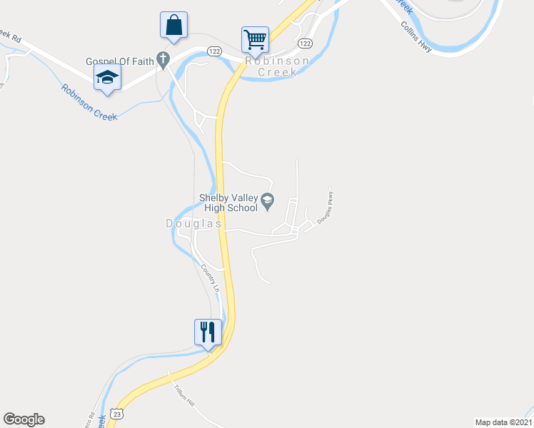 map of restaurants, bars, coffee shops, grocery stores, and more near 125 Douglas Parkway in Pikeville