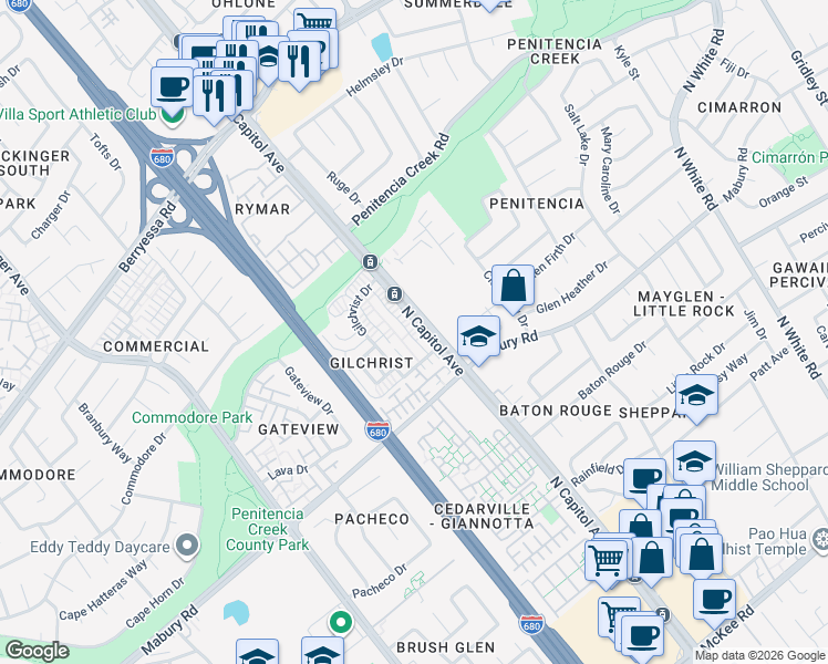 map of restaurants, bars, coffee shops, grocery stores, and more near 817 Gilchrist Walkway in San Jose