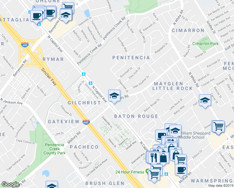 map of restaurants, bars, coffee shops, grocery stores, and more near 2671 Mabury Square in San Jose
