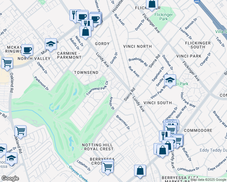 map of restaurants, bars, coffee shops, grocery stores, and more near 1638 Ambergrove Drive in San Jose