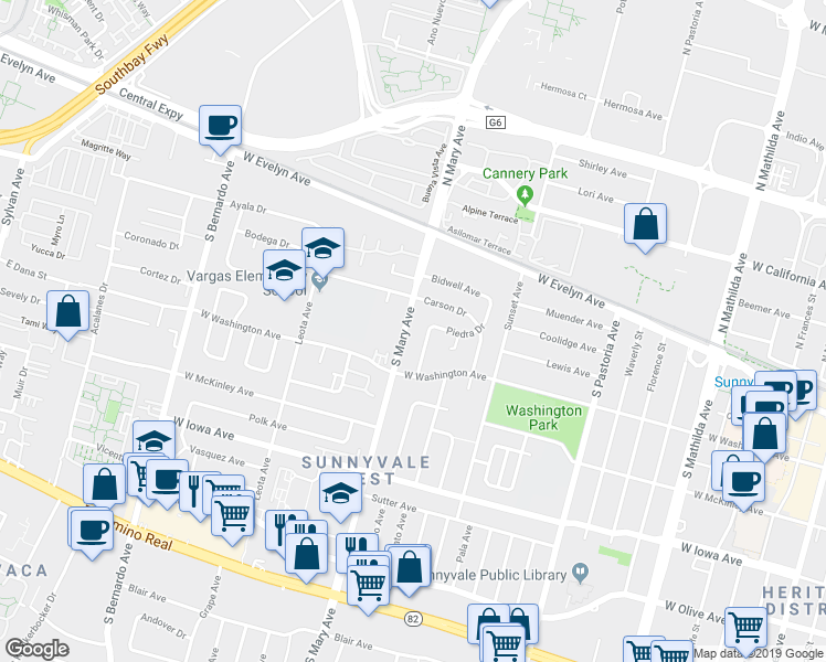 map of restaurants, bars, coffee shops, grocery stores, and more near 141 South Mary Avenue in Sunnyvale