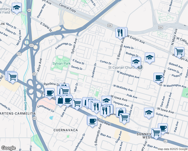 map of restaurants, bars, coffee shops, grocery stores, and more near 249 Acalanes Drive in Sunnyvale
