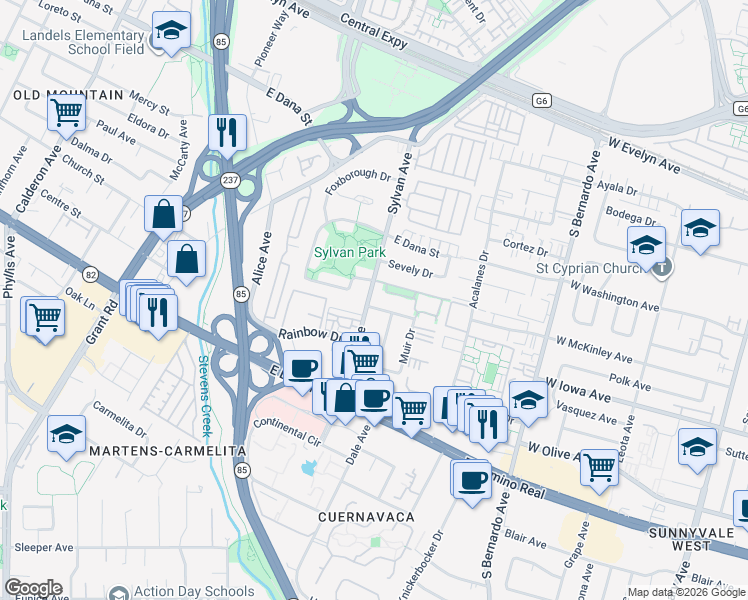 map of restaurants, bars, coffee shops, grocery stores, and more near 632 Sylvan Avenue in Mountain View