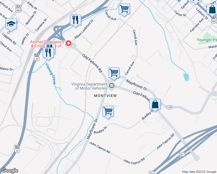 map of restaurants, bars, coffee shops, grocery stores, and more near in Lynchburg