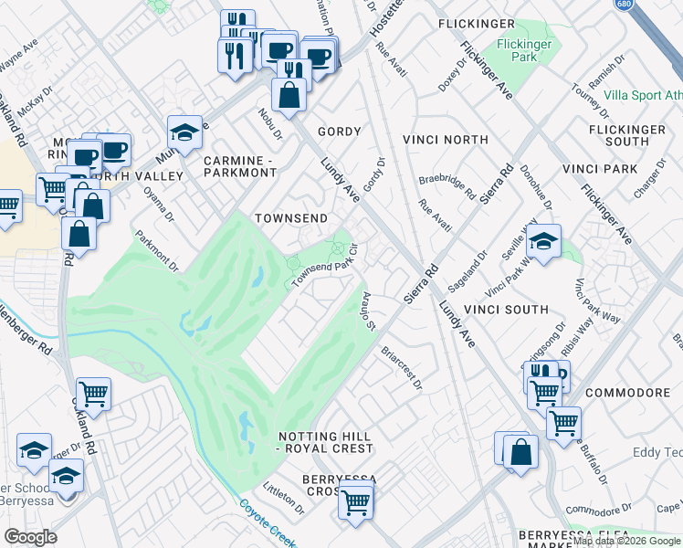 map of restaurants, bars, coffee shops, grocery stores, and more near 1833 Parkview Green Circle in San Jose