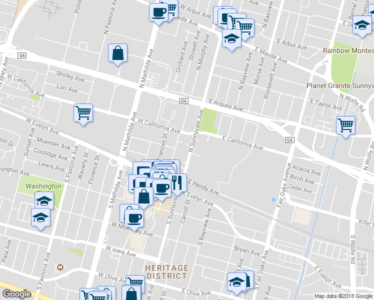 map of restaurants, bars, coffee shops, grocery stores, and more near 175 North Sunnyvale Avenue in Sunnyvale