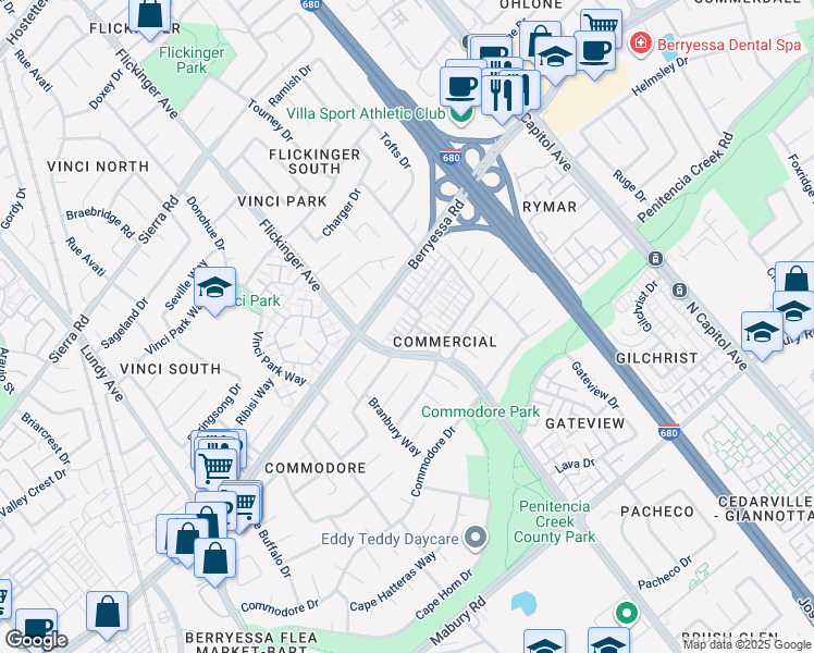 map of restaurants, bars, coffee shops, grocery stores, and more near 1087 Yarrow Terrace in San Jose