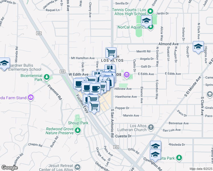 map of restaurants, bars, coffee shops, grocery stores, and more near 130 Main Street in Los Altos