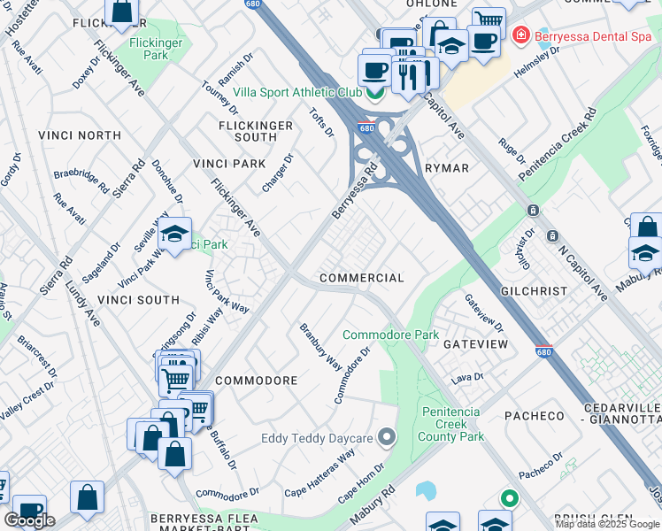 map of restaurants, bars, coffee shops, grocery stores, and more near 1087 Yarrow Terrace in San Jose