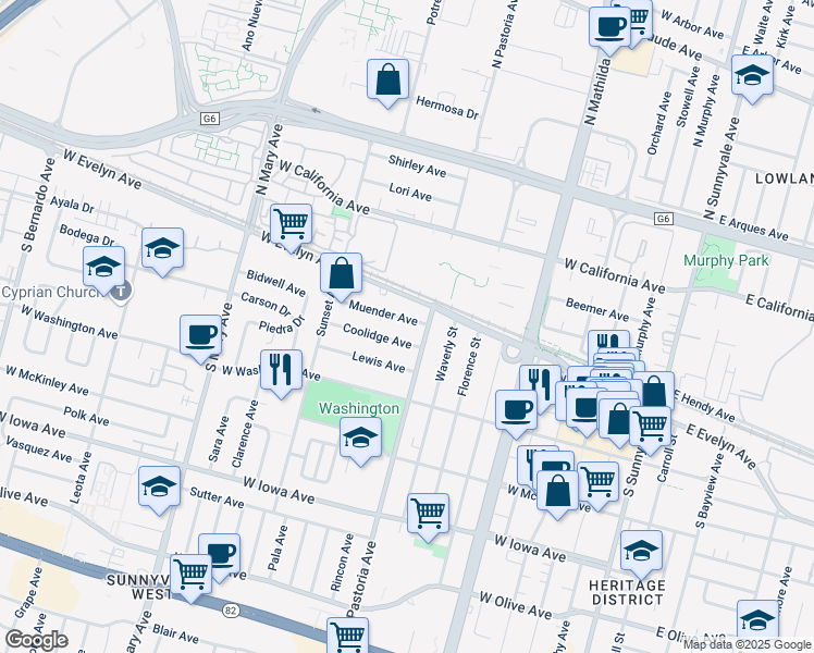 map of restaurants, bars, coffee shops, grocery stores, and more near 820 Muender Avenue in Sunnyvale