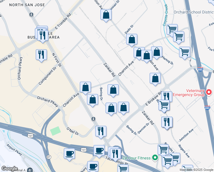 map of restaurants, bars, coffee shops, grocery stores, and more near 138 Charcot Ave in San Jose