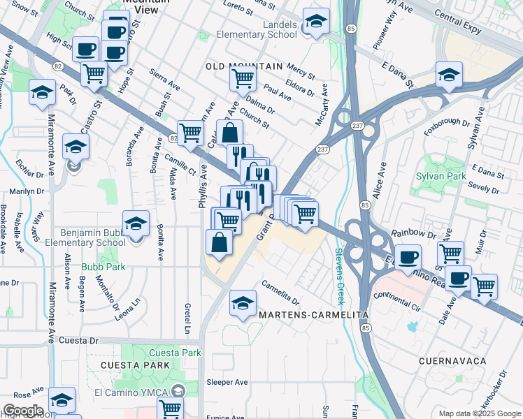map of restaurants, bars, coffee shops, grocery stores, and more near 36 Oak Lane in Mountain View
