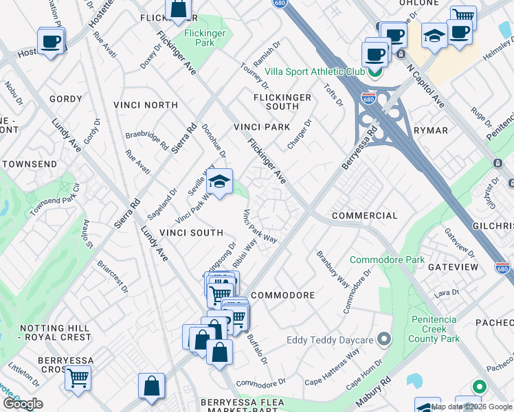 map of restaurants, bars, coffee shops, grocery stores, and more near 1217 Ribisi Circle in San Jose