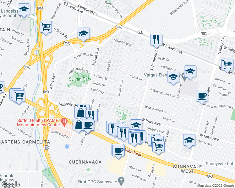 map of restaurants, bars, coffee shops, grocery stores, and more near 249 Acalanes Drive in Sunnyvale