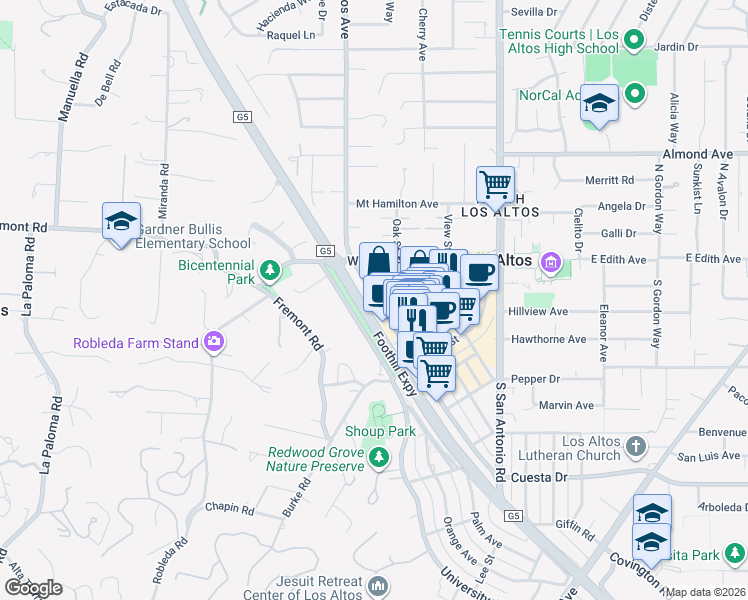 map of restaurants, bars, coffee shops, grocery stores, and more near 114 1st Street in Los Altos