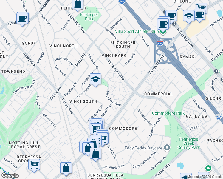 map of restaurants, bars, coffee shops, grocery stores, and more near 1217 Ribisi Circle in San Jose