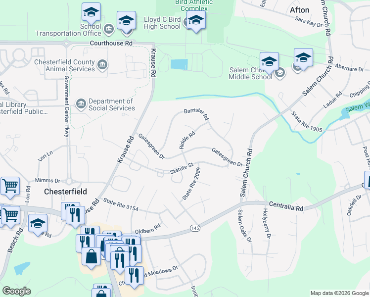 map of restaurants, bars, coffee shops, grocery stores, and more near 6128 Gatesgreen Drive in Chesterfield