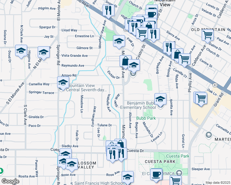 map of restaurants, bars, coffee shops, grocery stores, and more near 24 Starr Way in Mountain View