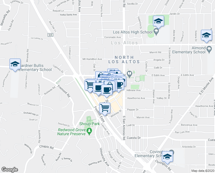 map of restaurants, bars, coffee shops, grocery stores, and more near 102 3rd Street in Los Altos