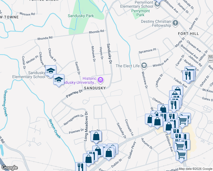 map of restaurants, bars, coffee shops, grocery stores, and more near 755 Sandusky Drive in Lynchburg