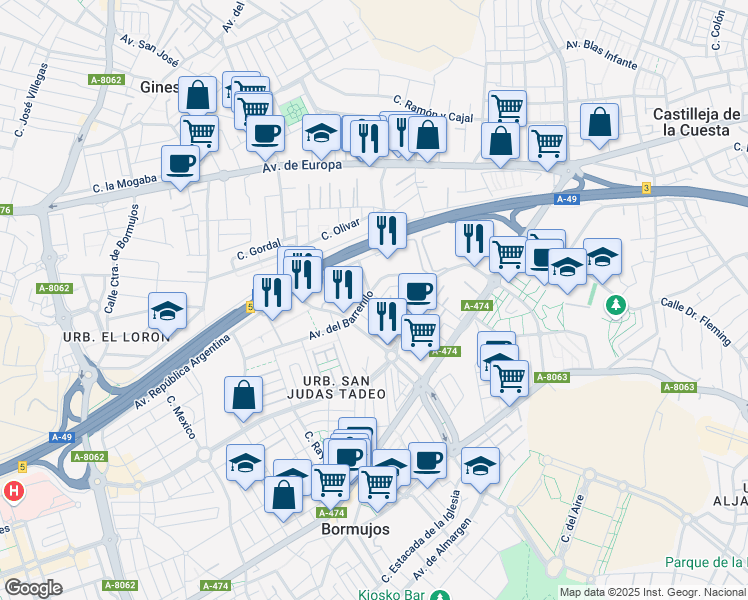 map of restaurants, bars, coffee shops, grocery stores, and more near 37 Calle Asturias in Bormujos